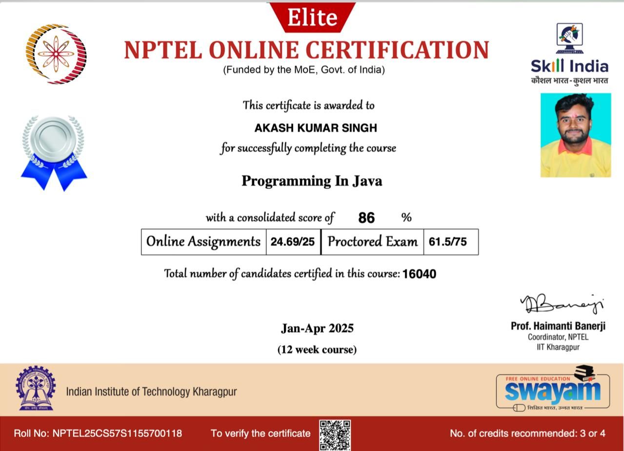 NPTEL Java - 86% - Certifications achievement by Akash Kumar Singh
