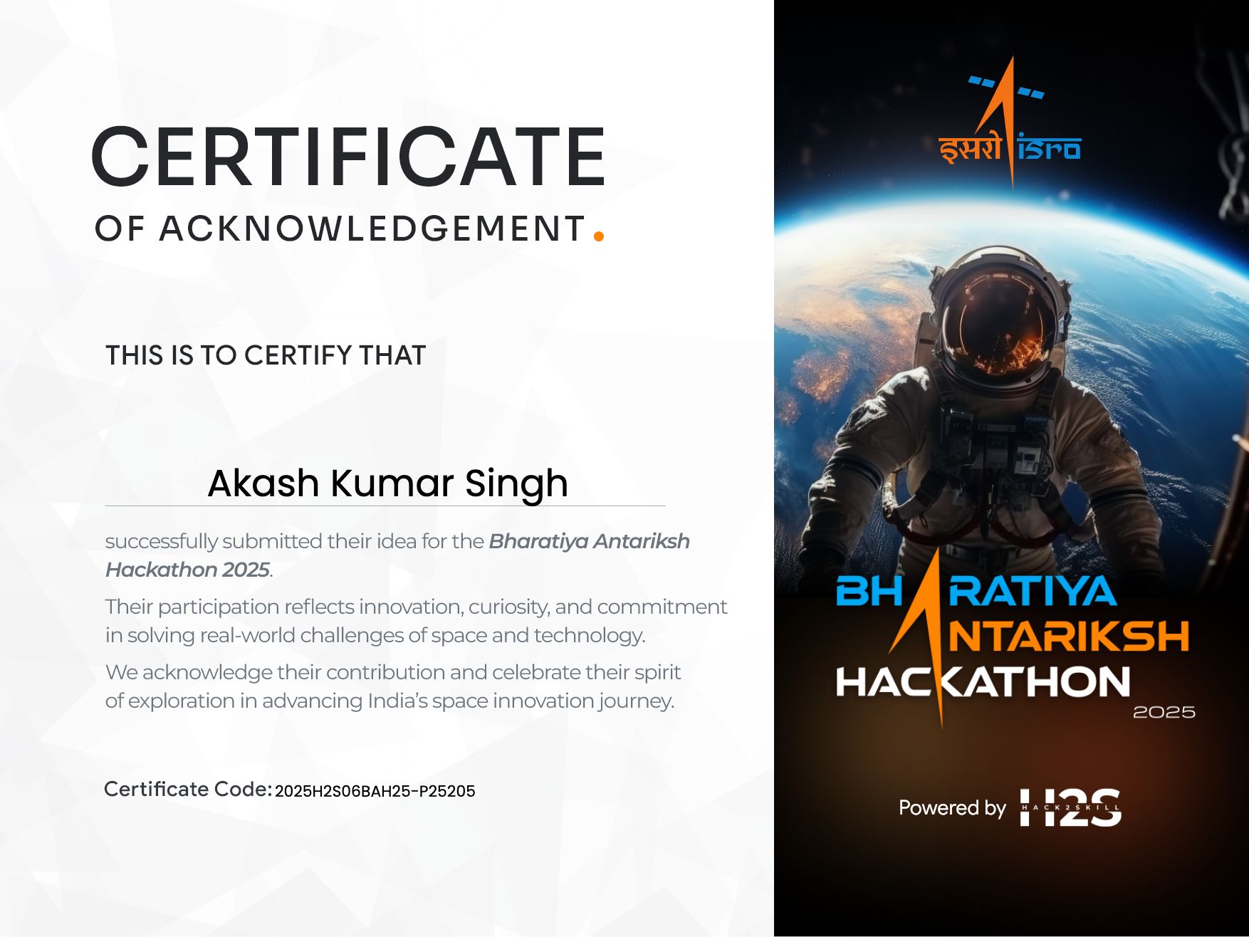 ISRO Hackathon Certificate - Hackathons achievement by Akash Kumar Singh