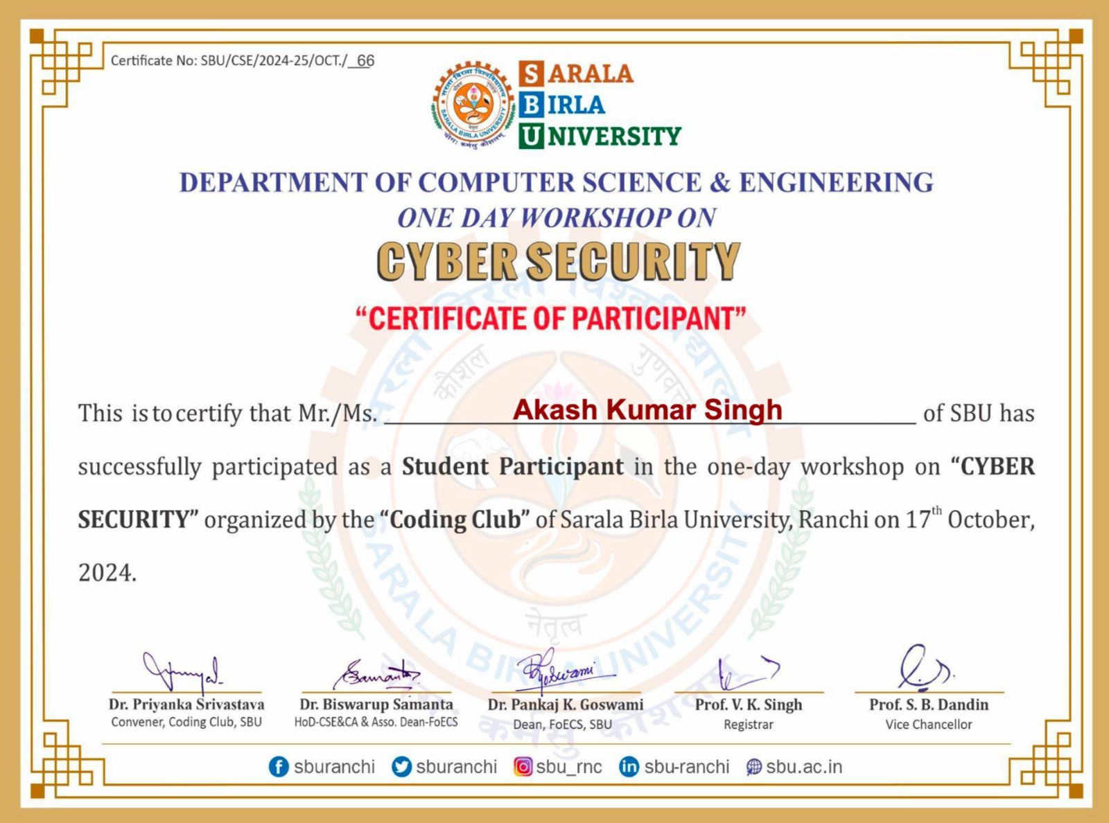 Cybersecurity Certificate - Certifications achievement by Akash Kumar Singh